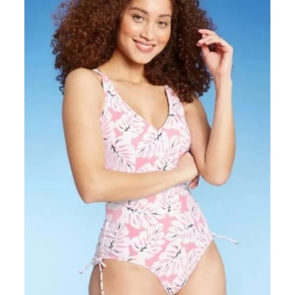 NWT Kona Sol Tummy Control Pink White Tropical Leaf Cross Back size LARGE